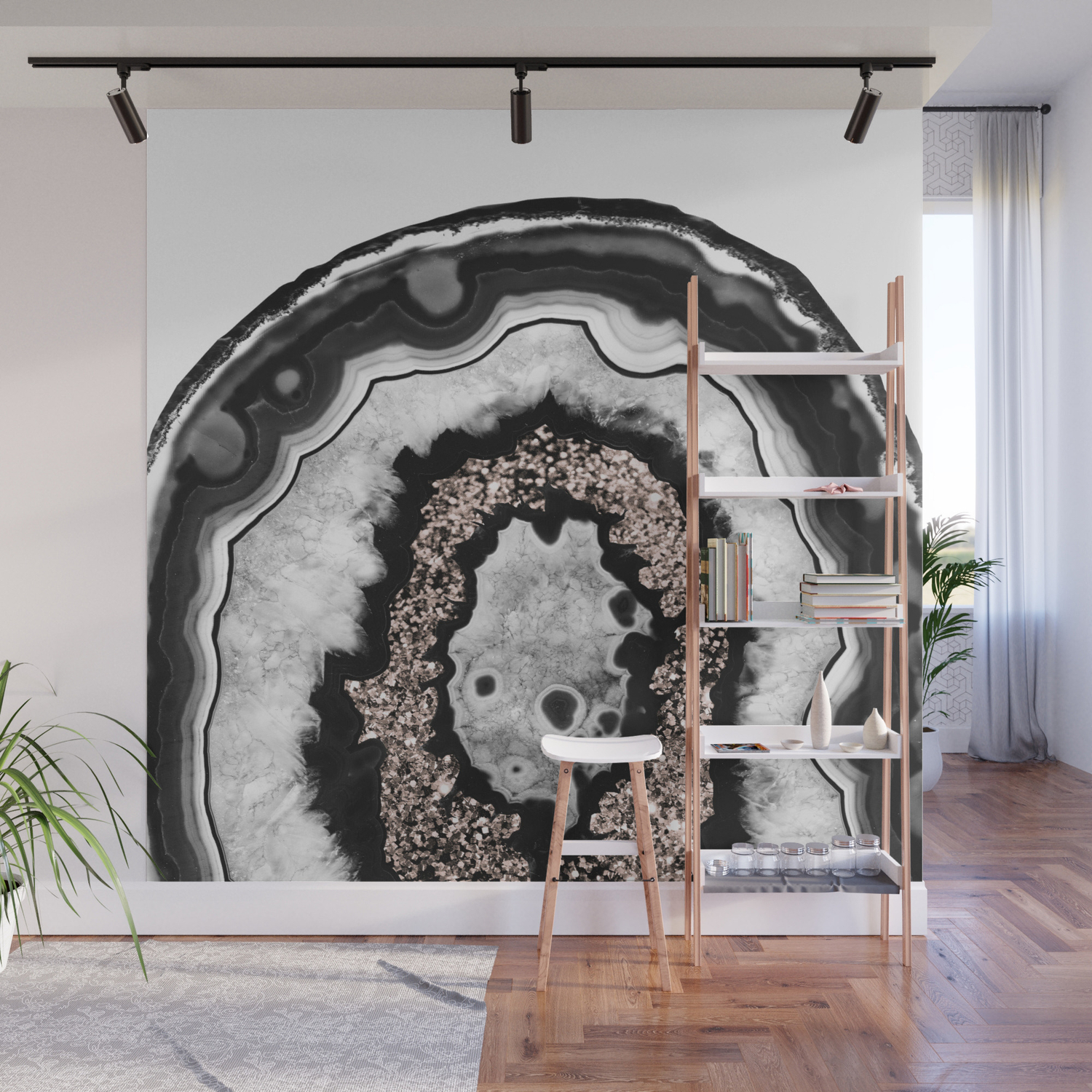 Gray Black White Agate With Rose Gold Glitter 3 Gem Decor Art