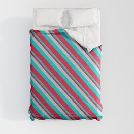 [ Thumbnail: Powder Blue, Dark Turquoise, and Crimson Colored Lined Pattern Comforter ]