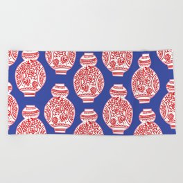 Blue & Red Ginger Jars Chinoiserie Art Beach Towel