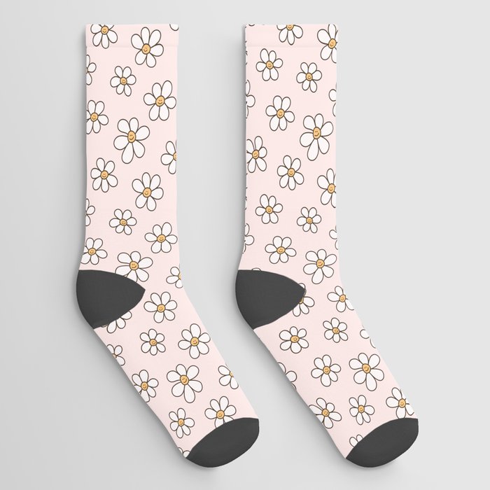 Happy Daisy, Fun Cute Daisies Pattern, Blush Pink, Smile Flower Socks