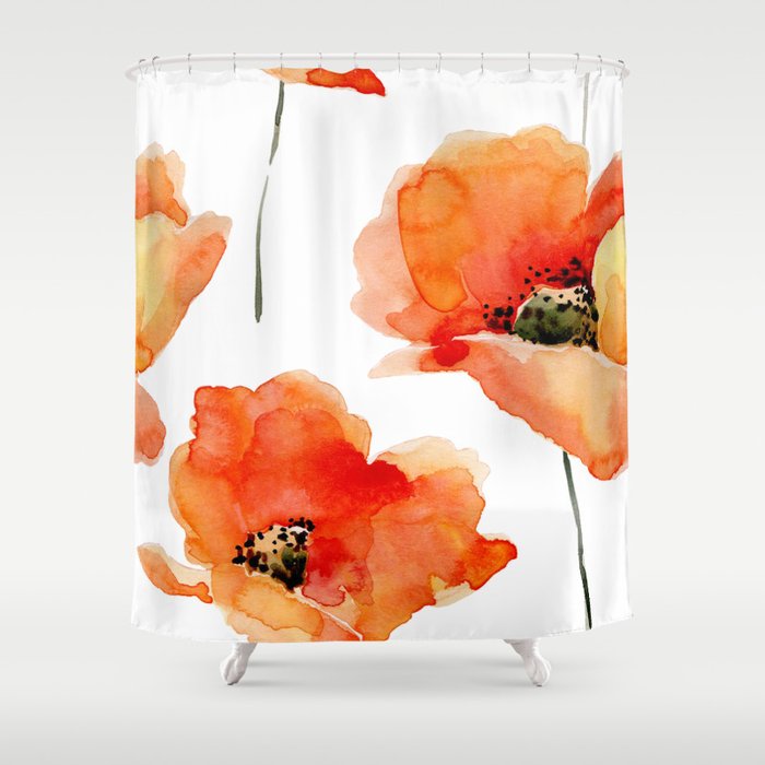 Modern hand painted orange watercolor poppies pattern Shower Curtain