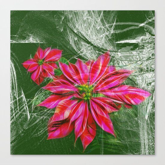 Abstract vibrant red poinsettia on green texture Canvas Print