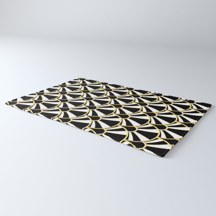 Black White And Gold Classic Art Deco Fan Pattern Rug By