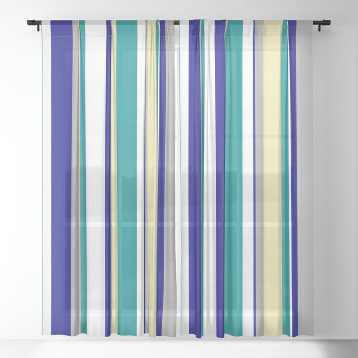 Eye-catching Dark Cyan, Pale Goldenrod, Dark Grey, Blue, and White Colored Lines Pattern Sheer Curtain