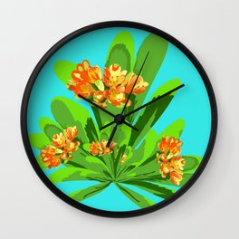 Bright Clivia Wall Clock | Grren, Botanical, Blue, Painting, Graphicdesign, Tropical, Flowers, Orange, Clivia, Digital 