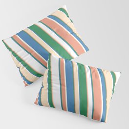 [ Thumbnail: Eye-catching Dark Salmon, Sea Green, Blue, White, and Bisque Colored Stripes Pattern Pillow Sham ]