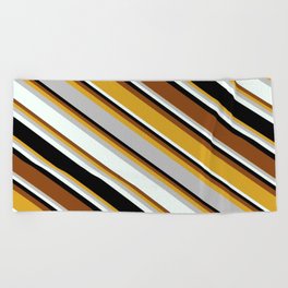 [ Thumbnail: Eyecatching Goldenrod, Grey, Mint Cream, Black, and Brown Colored Stripes Pattern Beach Towel ]