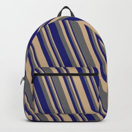 [ Thumbnail: Tan, Dim Gray, and Midnight Blue Colored Lined Pattern Backpack ]