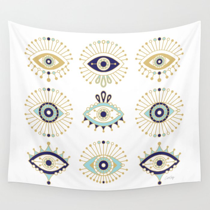 Evil Eye Collection on White Wall Tapestry