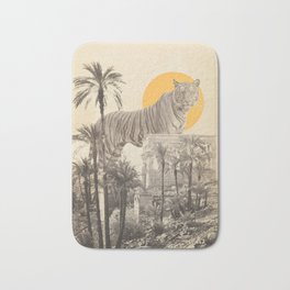 Giant Tiger in Ruins and Palms Bath Mat | Digital, Curated, Sun, Animal, Retro, Egypt, Vintage, Architecture, Feline, Cat 