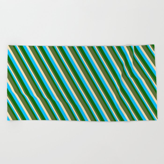 Deep Sky Blue, Dark Green, Dark Olive Green & Tan Colored Pattern of Stripes Beach Towel