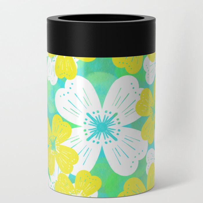 70’s Desert Flowers Yellow on Turquoise Can Cooler