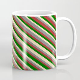 [ Thumbnail: Tan, Gray, Brown & Dark Green Colored Lines/Stripes Pattern Coffee Mug ]