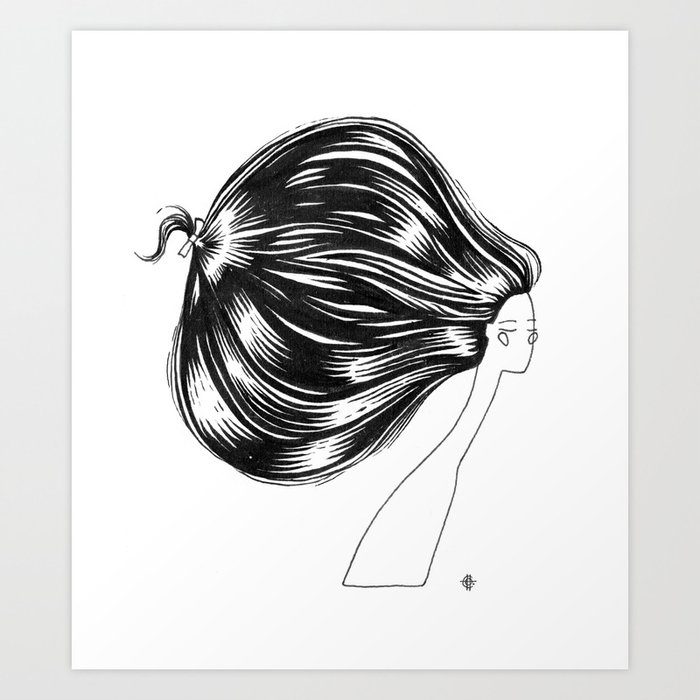 Head of Hair. Black Ink Illustration Art Print