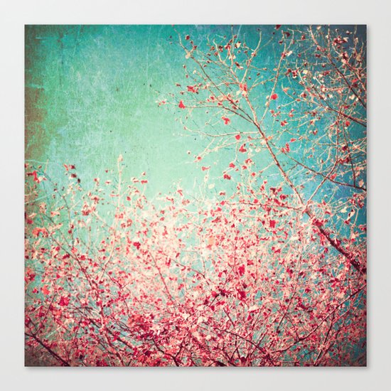 Blue Autumn, Pink leafs on blue, turquoise, green, aqua sky Canvas Print