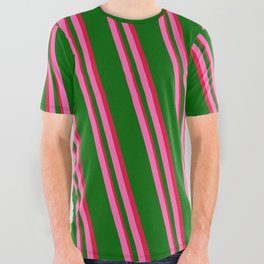 [ Thumbnail: Hot Pink, Dark Green & Crimson Colored Lines Pattern All Over Graphic Tee ]