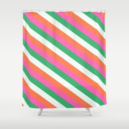 [ Thumbnail: Mint Cream, Coral, Hot Pink, and Sea Green Colored Lined Pattern Shower Curtain ]