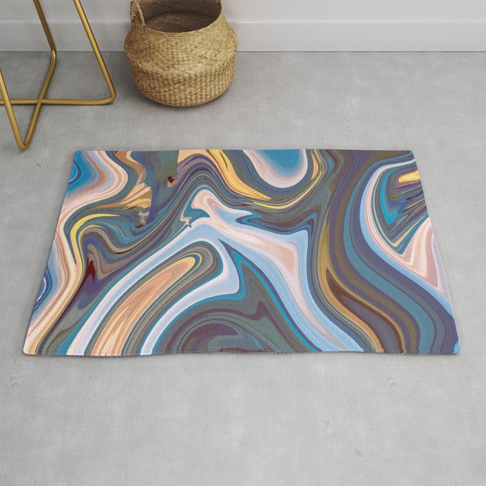 Abstract Classic Blue Coral Violet Yellow Liquid Marble Pattern Rug