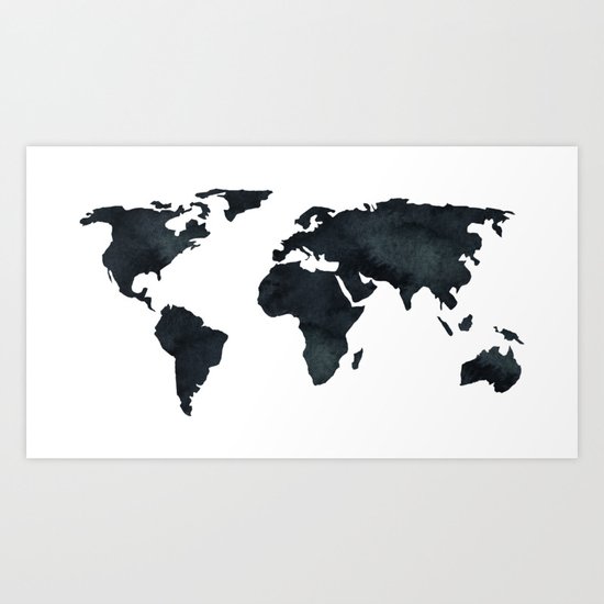 World Map Black Watercolor Ink Art Print