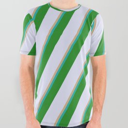 [ Thumbnail: Tan, Light Sea Green, Forest Green, and Lavender Colored Lined/Striped Pattern All Over Graphic Tee ]