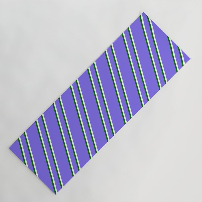 Medium Slate Blue, Dark Green & Mint Cream Colored Lines/Stripes Pattern Yoga Mat