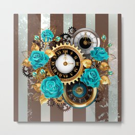 Steampunk Striped Background with Clock and Turquoise Roses Metal Print