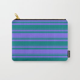 [ Thumbnail: Teal & Medium Slate Blue Colored Striped/Lined Pattern Carry-All Pouch ]