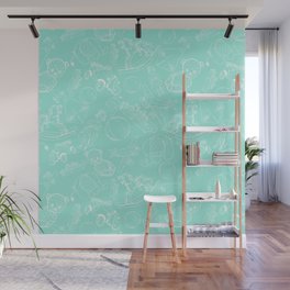 Mint Blue and White Toys Outline Pattern Wall Mural