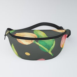 Tulips with yellow dots on dark pattern watercolor  Fanny Pack