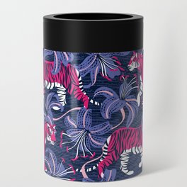 Tigers in a tiger lily garden // textured navy blue background fuchsia pink wild animals very peri flowers Can Cooler