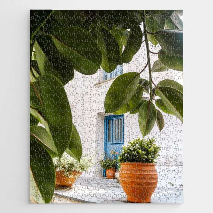 Colorful Greek Street | Potted Plants and Blue Doors in the Old Town on Naxos, Greece, Europe Jigsaw Puzzle