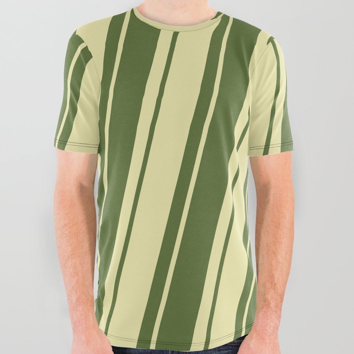 Dark Olive Green & Pale Goldenrod Colored Pattern of Stripes All Over Graphic Tee