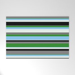 [ Thumbnail: Gray, Forest Green, Light Sky Blue, Mint Cream & Black Colored Lines/Stripes Pattern Welcome Mat ]