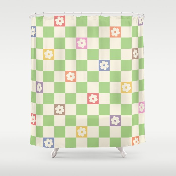 Colorful Flowers Green Check  Shower Curtain