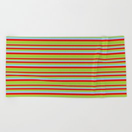 [ Thumbnail: Light Sky Blue, Red & Green Colored Lines/Stripes Pattern Beach Towel ]