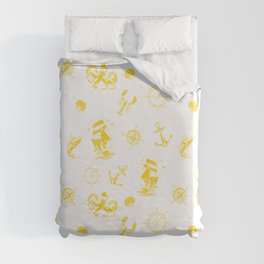 Yellow Silhouettes Of Vintage Nautical Pattern Duvet Cover