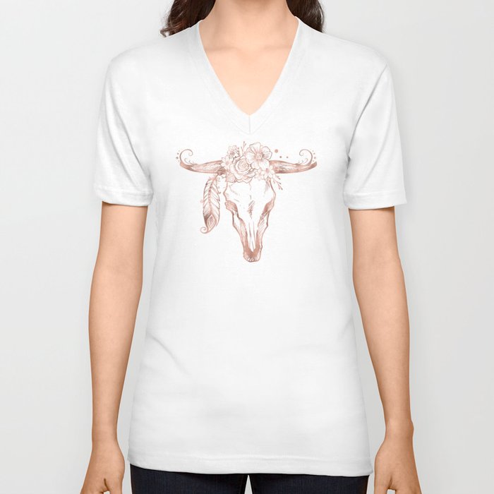 Rose Gold Bull Skull with Pink Feather Flowers V Neck T Shirt