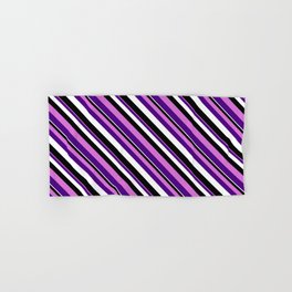 [ Thumbnail: Orchid, Indigo, White, and Black Colored Stripes/Lines Pattern Hand & Bath Towel ]
