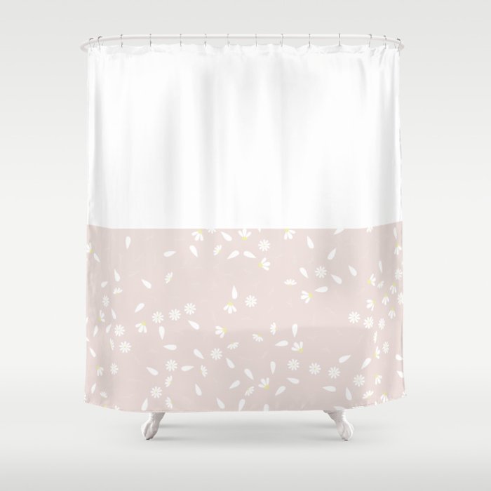 White Chamomile Leaves on Horizontal White and Pastel Pale Pink Split  Shower Curtain
