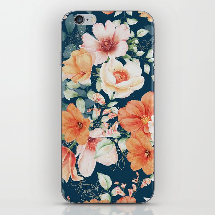 Peach Florals with Painted Speckles on Dark Teal Blue iPhone Skin
