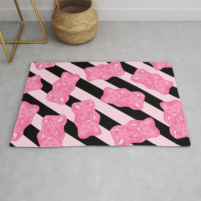 Jelly Beans Gummy Bears Pattern Pink And Black Rug By Xooxoo