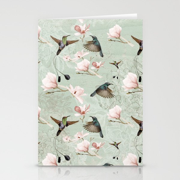 Vintage Watercolor hummingbird and Magnolia Flowers on mint Background Stationery Cards