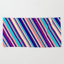 [ Thumbnail: Light Coral, Bisque, Purple, Dark Blue, and Dark Turquoise Colored Lined/Striped Pattern Beach Towel ]