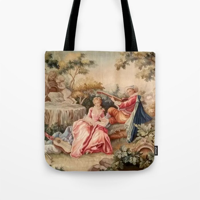 Antique 19th Century French Aubusson Gallant Courtship Romantic Tapestry Tote Bag