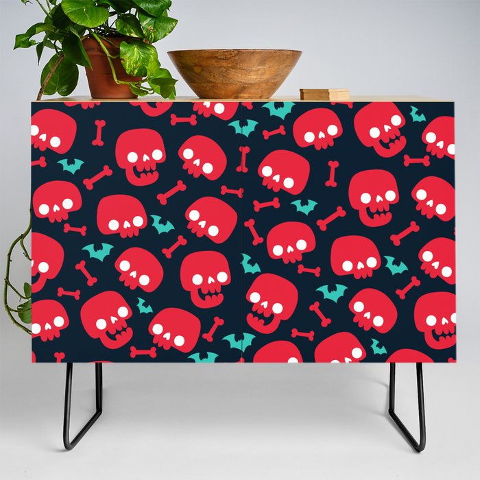 An red and blue halloween skeleton pattern (halloween, witch, spooky, ghost, cat, cute, witchy, skeleton, creepy, halloween, goth, horror) Credenza