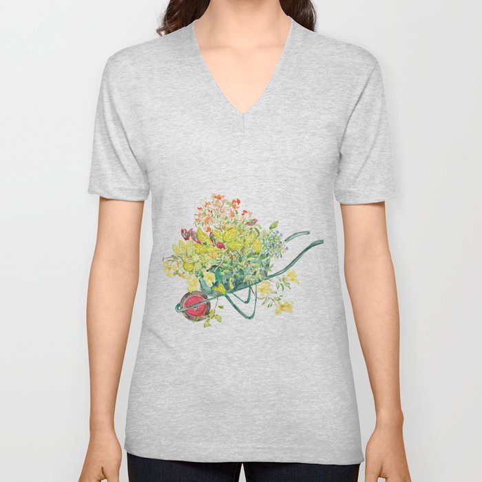 flowers in green handcart watercolor  V Neck T Shirt