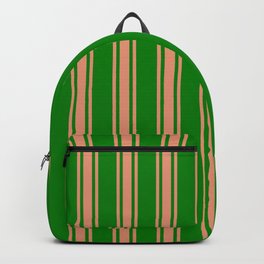 [ Thumbnail: Green and Dark Salmon Colored Lines/Stripes Pattern Backpack ]