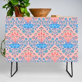 DREAMY DAMASK FLORAL BOTANICAL WITH FLOWERS IN VASE in ICY BLUES RED SUNSHINE YELLOW SUBTLE PINK Credenza