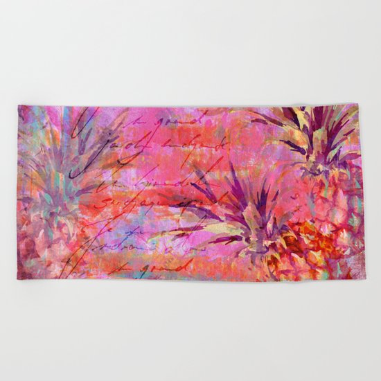 Tropical Pineapple pink abstract illustration art Beach Towel
