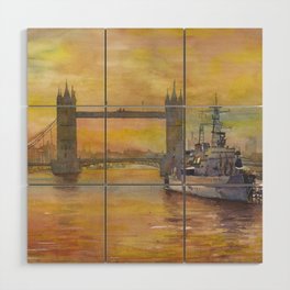 Tower Bridge  and boat on River Thames at dusk- London, England.  London skyline bridge artwork sunset Wood Wall Art